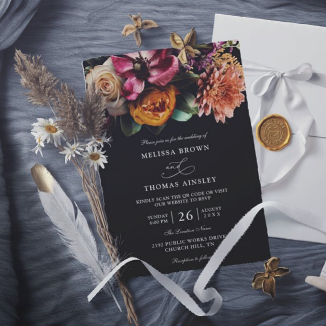 Mörk Elegant Blommig Budget QR-kod Bröllop Inbjudningar (Skapare uppladdad)