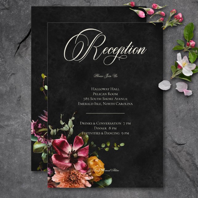 Mörk Elegant Blommigt Brölloprecept på hösthöst Tilläggskort (Dark Elegant Autumn Floral Wedding Reception Enclosure Card)