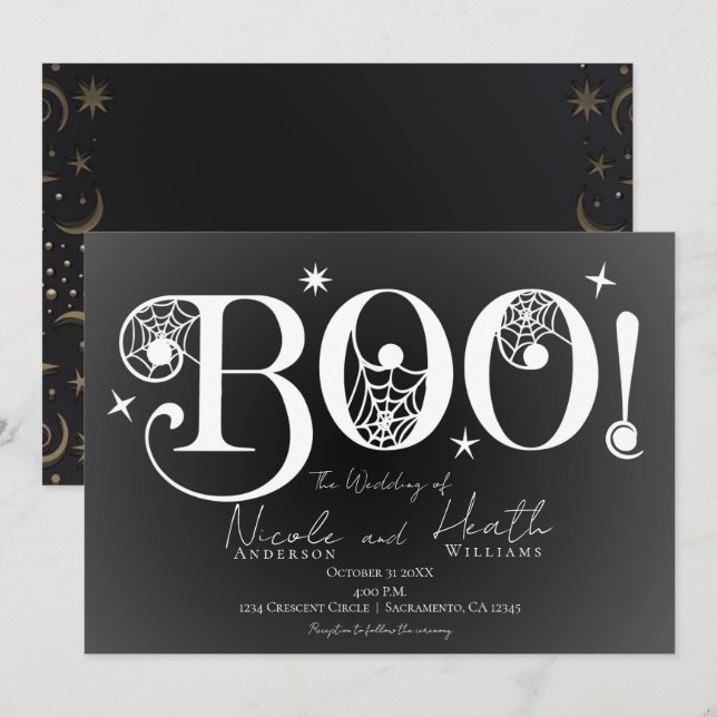 Mörk Elegant BOO Svart Vit Halloween Bröllop I Inbjudningar (Fram/baksida)
