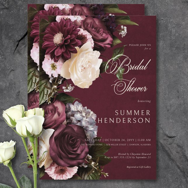 Mörk Elegant Burgunder & Krämfärgad Bröllopsdusch Inbjudningar (Dark Elegant Burgundy & Cream Floral Bridal Shower Invitation)