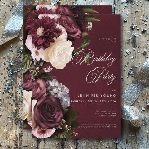 Mörk Elegant Burgundy & Cream Blommigt Birday Inbjudningar