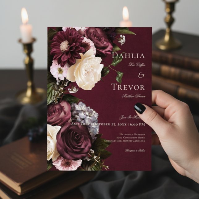 Mörk Elegant Burgundy & Cream Blommigt Bröllop Inbjudningar (Skapare uppladdad)