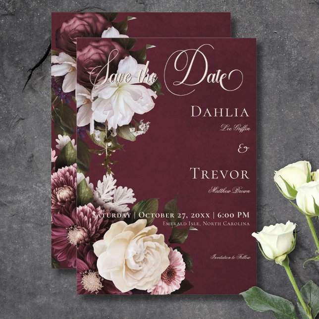 Mörk Elegant Burgundy & Cream Blommigt Bröllop Spara Datumet (Dark Elegant Burgundy & Cream Floral Wedding Save The Date)