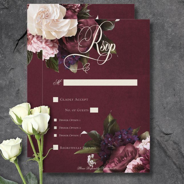 Mörk Elegant Burgundy & Cream Blommigt Dinner OSA Kort (Dark Elegant Burgundy & Cream Floral Dinner RSVP Card)