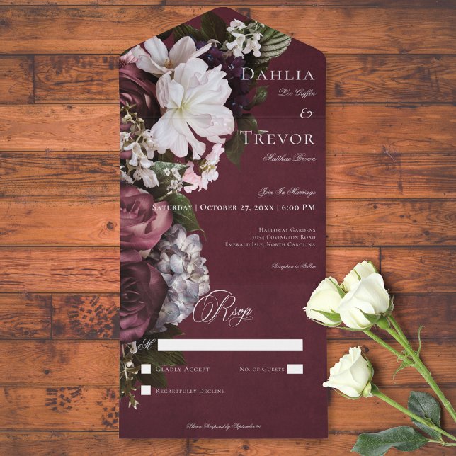 Mörk Elegant Burgundy & Cream Blommigt - ingen mid (Dark Elegant Burgundy & Cream Floral No Dinner All In One Invitation)