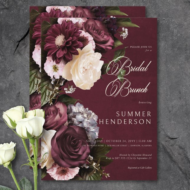 Mörk Elegant Burgundy & Cream Blommigt Möhippa Bru Inbjudningar (Dark Elegant Burgundy & Cream Floral Bridal Brunch Invitation)