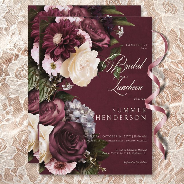 Mörk Elegant Burgundy & Cream Blommigt Möhippa Lun Inbjudningar (Dark Elegant Burgundy & Cream Floral Bridal Lunch Invitation)