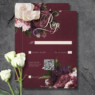 Mörk Elegant Burgundy & Cream Blommigt QR-kod OSA Kort