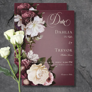 Mörk Elegant Burgundy & Cream Blur Blommigt Bröllo Spara Datumet