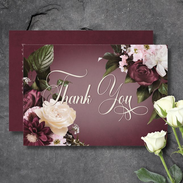 Mörk Elegant Burgundy & Cream Blur Blommigt Bröllo Tack Kort (Dark Elegant Burgundy & Cream Blur Floral Wedding Thank You Card)