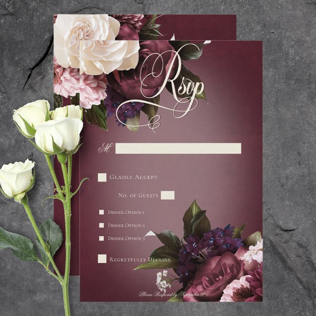Mörk Elegant Burgundy & Cream Oskärpa, Blommigt -  OSA Kort (Dark Elegant Burgundy & Cream Blur Floral Dinner RSVP Card)
