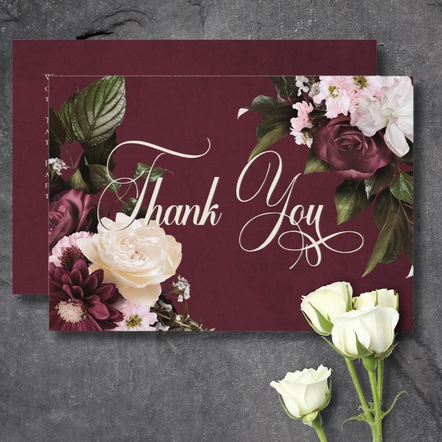 Mörk Elegant Burgundy & Krämfärgad Blommig Bröllop Tack Kort (Dark Elegant Burgundy & Cream Floral Wedding Thank You Card)