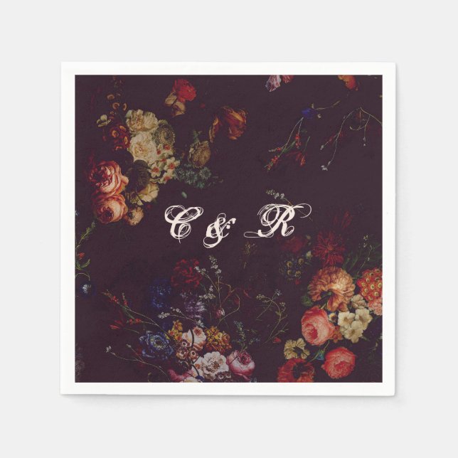 Mörk Elegant Burgundy Moody Blommigt Namn-initiati Pappersservett (Framsidan)