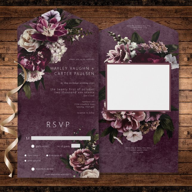 Mörk Elegant Burgundy & White Blommigt Dinner (Dark Elegant Burgundy & White Floral Dinner All In One Invitation)