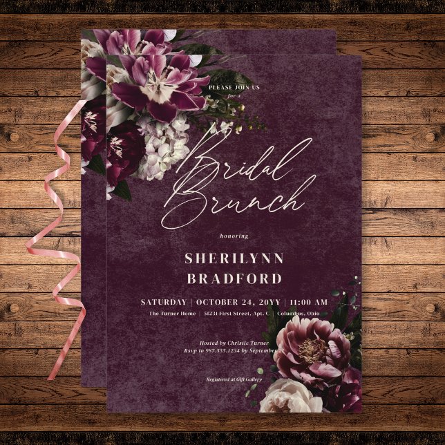 Mörk Elegant Burgundy & White Blommigt Möhippa Bru Inbjudningar (Dark Elegant Burgundy & White Floral Bridal Brunch Invitation)