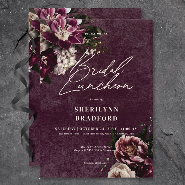 Mörk Elegant Burgundy & White Blommigt Möhippa Bru Inbjudningar (Dark Elegant Burgundy & White Floral Bridal Brunch Invitation)