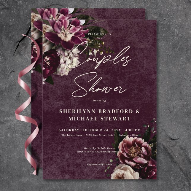 Mörk Elegant Burgundy White Blommigt Par Shower Inbjudningar (Dark Elegant Burgundy White Floral Couples Shower Invitation)