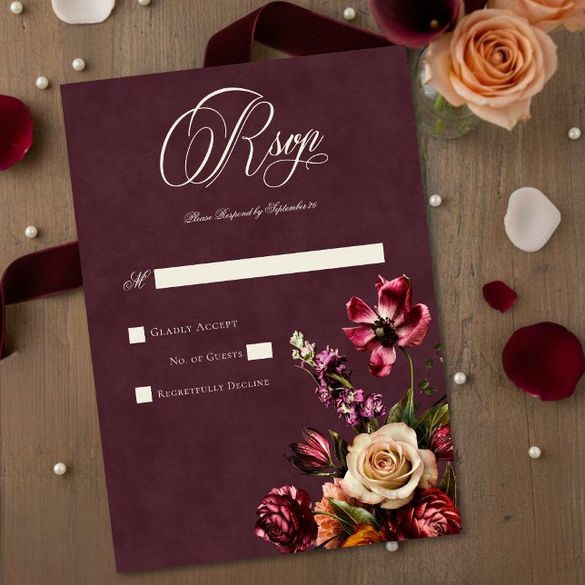 Mörk Elegant Höst Blommig Burgunder Röd Bröllop OSA Kort (Skapare uppladdad)