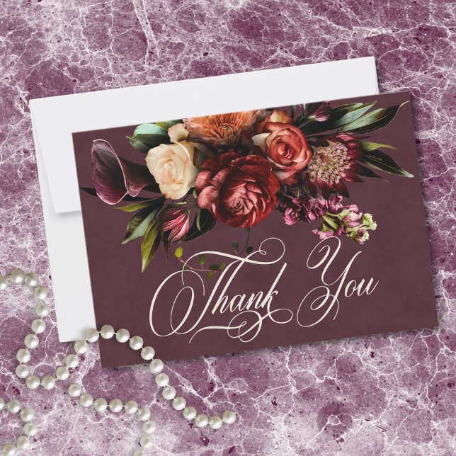 Mörk Elegant Höst Floral Burgunder Röd Bröllop Tack Kort (Dark Elegant Autumn Floral Burgundy Wedding Thank You Card)