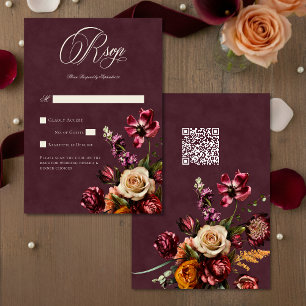 Mörk Elegant Höst Floral Burgunder Röd Bröllops QR OSA Kort