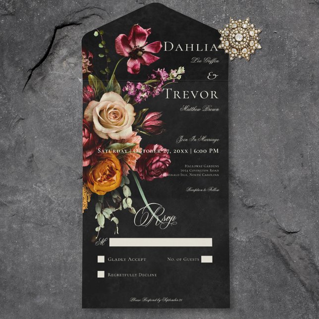 Mörk Elegant HöstBlommigt Bröllop Ingen middag (Dark Elegant Autumn Floral Wedding No Dinner All In One Invitation)