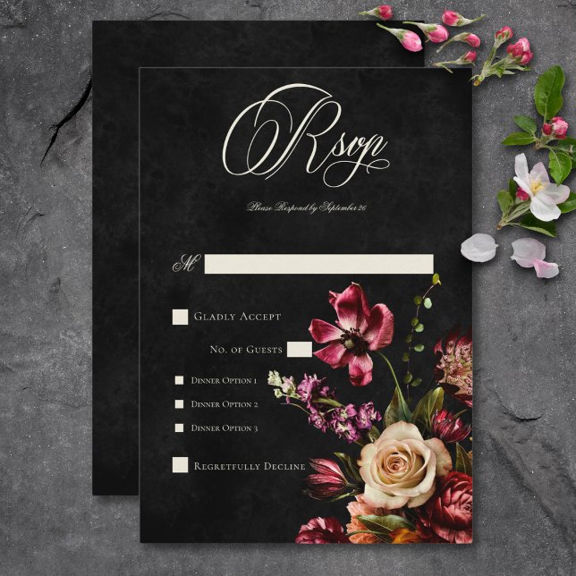 Mörk Elegant HöstBlommigt Bröllop-middag OSA Kort (Dark Elegant Autumn Floral Wedding Dinner RSVP Card)
