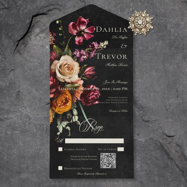 Mörk Elegant HöstBlommigt Bröllop QR-kod för (Dark Elegant Autumn Floral Wedding QR Code All In One Invitation)