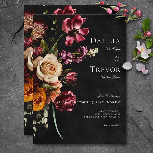 Mörk Elegant Hösten Blommigt Bröllop Inbjudningar (Dark Elegant Autumn Floral Wedding Invitation)