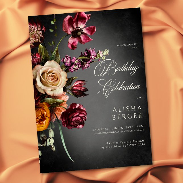 Mörk Elegant Höstfödelsedag Blommigt höst Inbjudningar (Dark Elegant Autumn Floral Birthday Invitation)