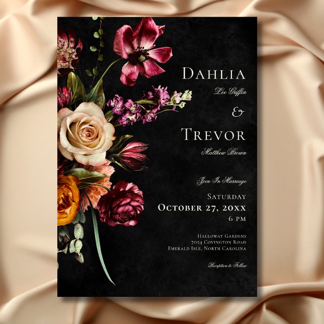 Mörk Elegant Höstlig Bröllopsblomma Inbjudningar (Dark Elegant Autumn Floral Wedding Invitation)