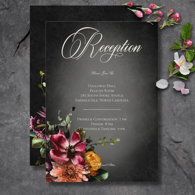 Mörk Elegant Oskärpa Blommigt Brölloprecept på hös Tilläggskort (Dark Elegant Blur Autumn Floral Wedding Reception Enclosure Card)