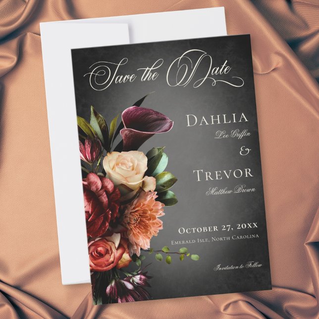 Mörk Elegant Oskärpa Höst Floral Bröllop Spara Datumet (Dark Elegant Blur Autumn Floral Wedding Save The Date)