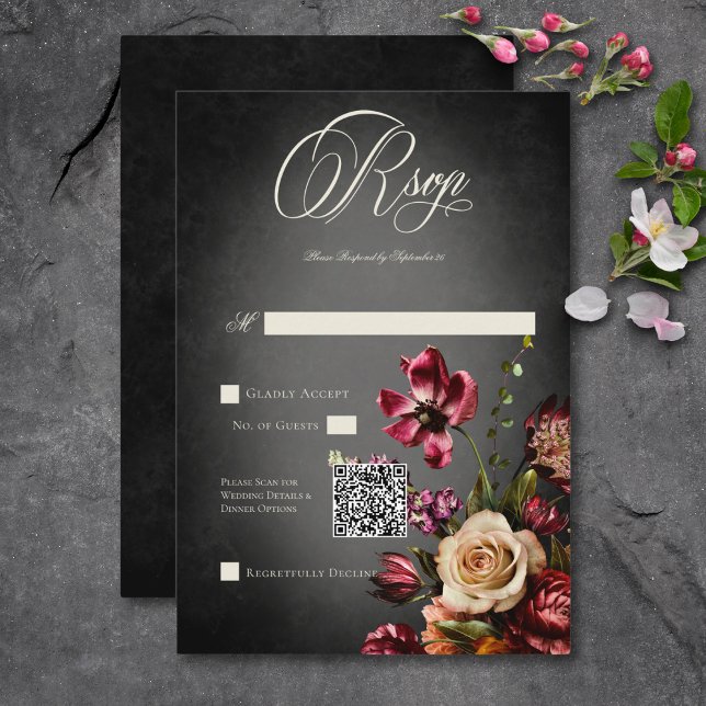 Mörk Elegant Oskärpa HöstBlommigten Bröllop QR-kod OSA Kort (Dark Elegant Blur Autumn Floral Wedding QR Code RSVP Card)