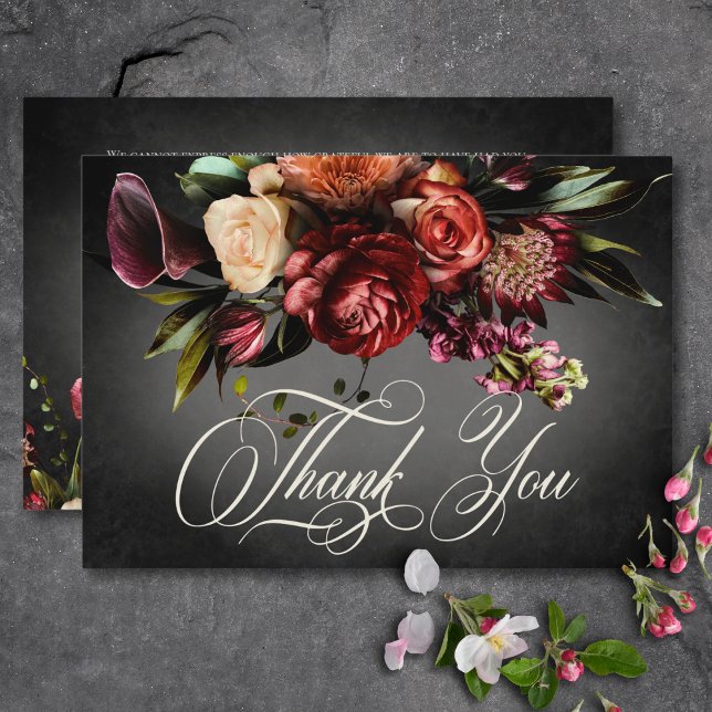 Mörk Elegant Oskärpa HöstBlommigten Bröllop Tack Kort (Dark Elegant Blur Autumn Floral Wedding Thank You Card)