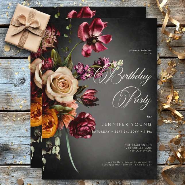 Mörk Elegant Oskärpa Hösthöstens Blommigt födelsed Inbjudningar (Dark Elegant Blur Autumn Floral Birthday Invitation)