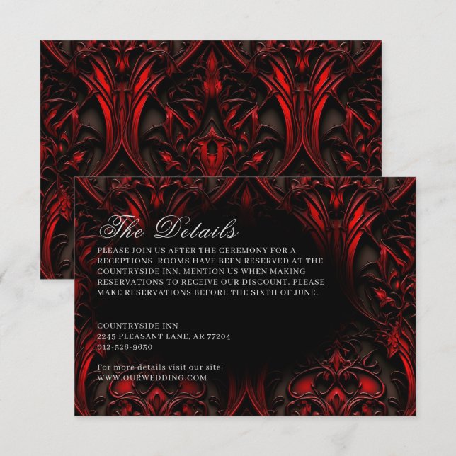 Mörk Elegant Red & Black Gothic Damask bröllop Tilläggskort (Fram/baksida)