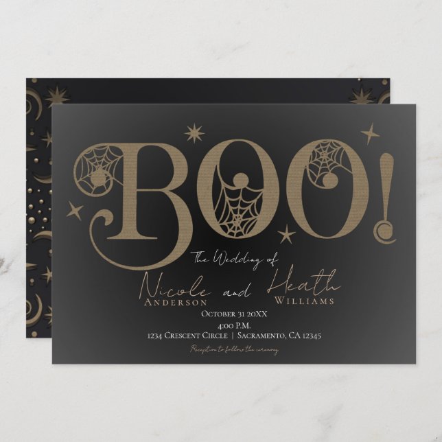 Mörk Elegant Rustic BOO Magic Halloween Bröllop Inbjudningar (Fram/baksida)