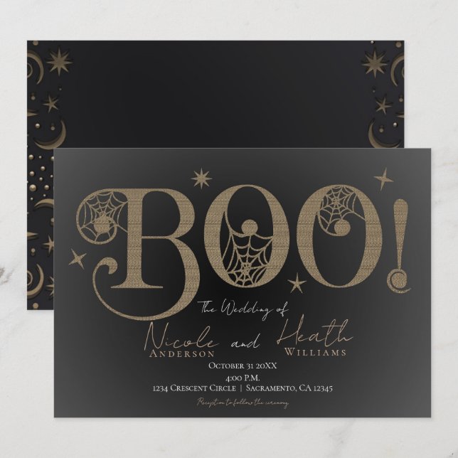 Mörk Elegant Rustik BOO Magisk Halloween-Hochsamma Inbjudningar (Fram/baksida)