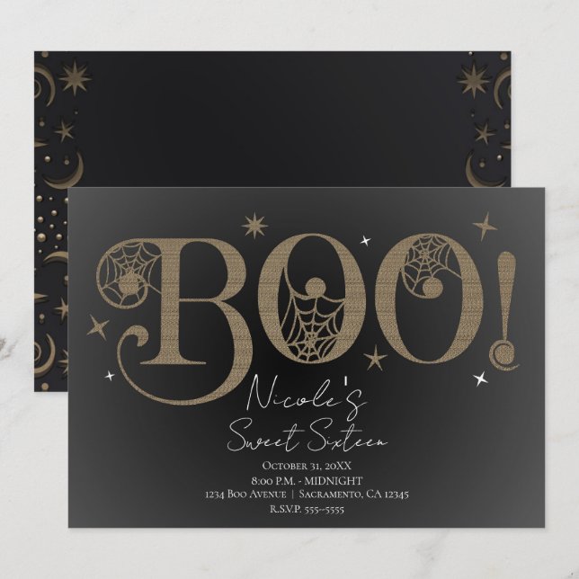 Mörk Elegant Rustik BOO Magisk Halloween Sweet 16 Inbjudningar (Fram/baksida)