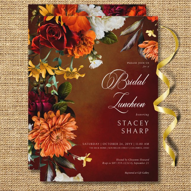 Mörk Elegant Sommar Sunset Blommigt Möhippa Lunche Inbjudningar (Dark Elegant Summer Sunset Floral Bridal Luncheon Invitation)
