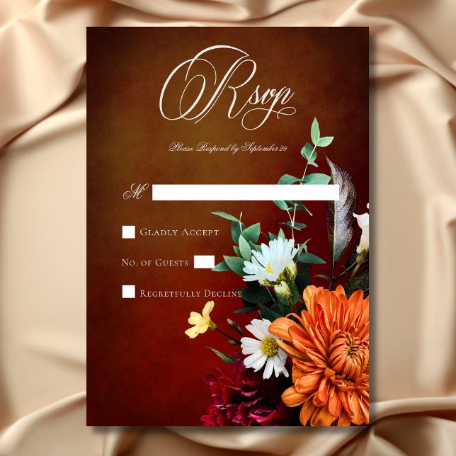 Mörk Elegant, sommartid, Blommigt Bröllop OSA Kort (Dark Elegant Summer Sunset Floral Wedding RSVP Card)