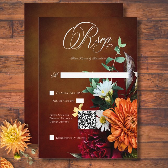 Mörk Elegant Sommartid Blommigt Bröllop QR-kod OSA Kort (Dark Elegant Summer Sunset Floral Wedding QR Code RSVP Card)