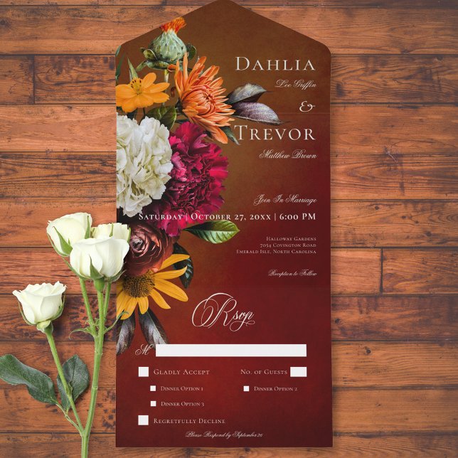 Mörk Elegant Sommartid, Blommigt Middag (Dark Elegant Summer Sunset Floral Dinner All In One Invitation)