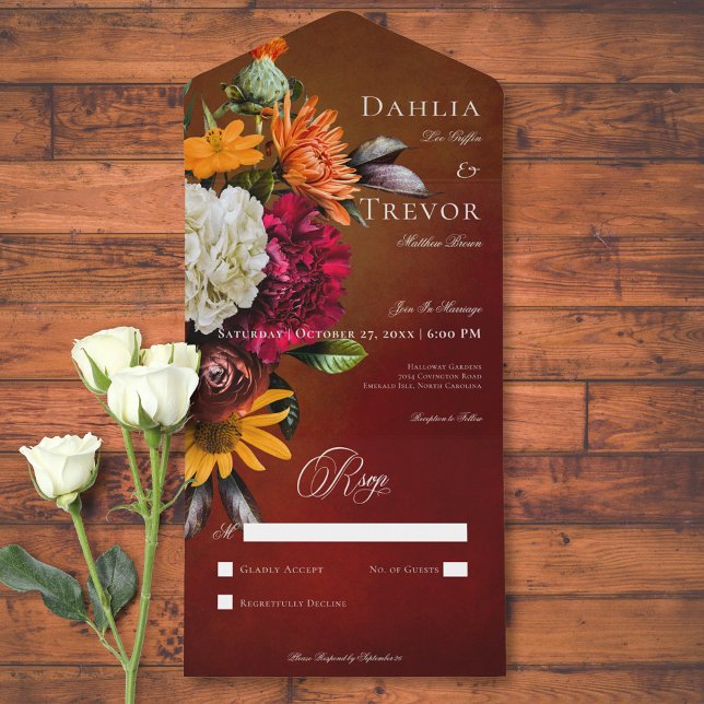 Mörk Elegant Sommartid Blommigt nr Middag (Dark Elegant Summer Sunset Floral No Dinner All In One Invitation)