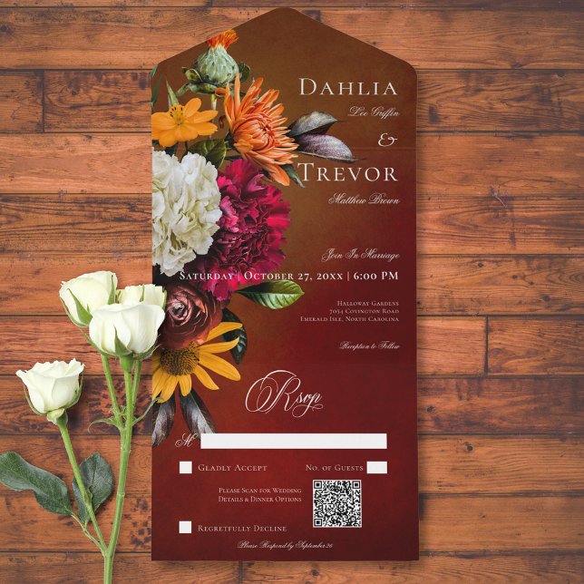 Mörk Elegant Sommartid, Blommigt QR-kod (Dark Elegant Summer Sunset Floral QR Code All In One Invitation)