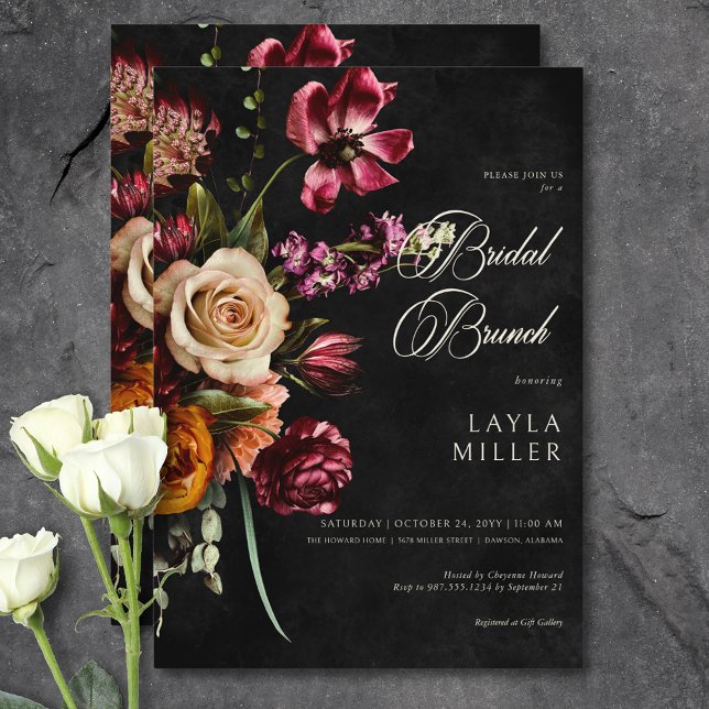 Mörk Elegant Svart Blommigt, Möhippa, , Brunch Inbjudningar (Dark Elegant Black Autumn Floral Bridal Brunch Invitation)