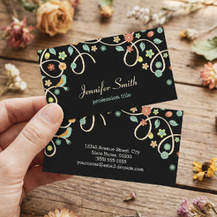 Mörk Elegant Swirl Blommigt Träd och fåglar Visitkort