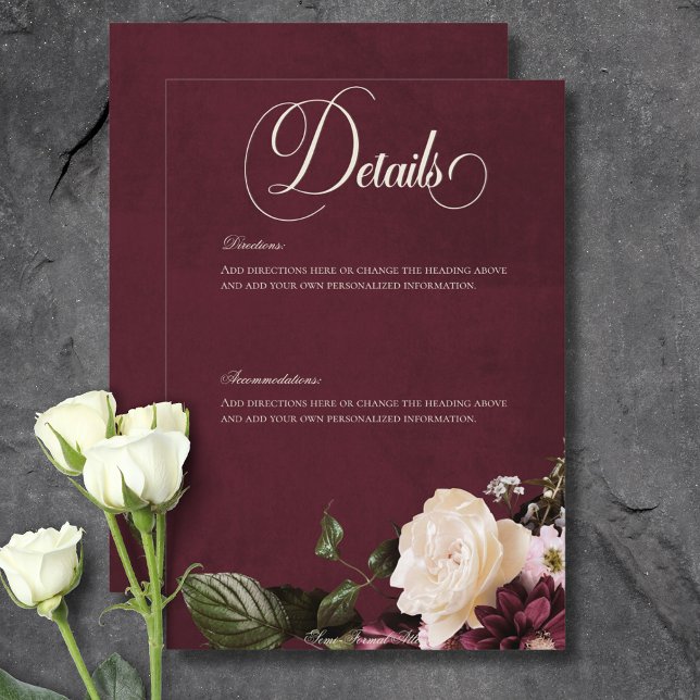 Mörk Elegant Vinröd & Crèmefärgade Blomdetails Tilläggskort (Dark Elegant Burgundy & Cream Floral Details Enclosure Card)