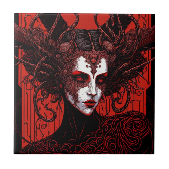 Mörk Elf Demon Red Black Fantasy Art Kakelplatta (Framsidan)