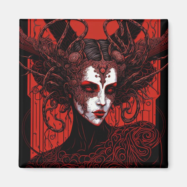 Mörk Elf Demon Red Black Fantasy Art Magnet (Framsidan)